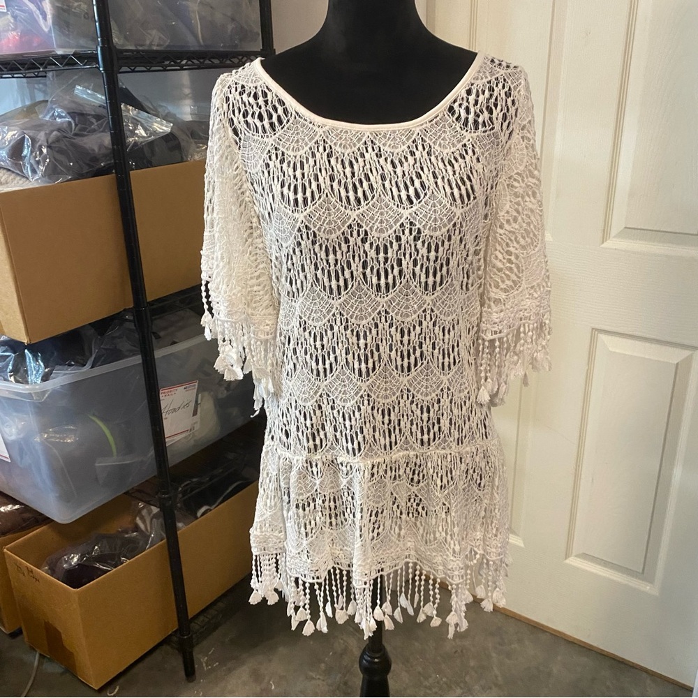 Blue Island Swim Cardigan Tunic Women Small Knitted fringed butterfly sleeves